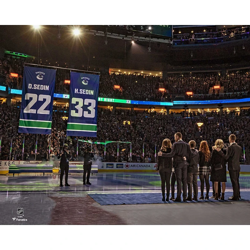 Daniel Sedin and Henrik Vancouver Canucks Unsigned Jersey Retirement Night Banner Raising Photograph