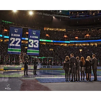 Daniel Sedin and Henrik Vancouver Canucks Unsigned Jersey Retirement Night Banner Raising Photograph