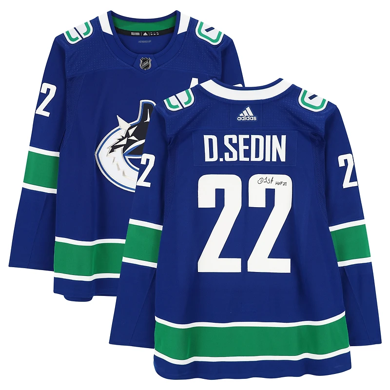 Maillot Adidas authentique bleu autographié par Daniel Sedin des Vancouver Canucks avec inscription « HOF 2022 »