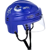 Casque miniature bleu autographié par Daniel Sedin des Vancouver Canucks avec l'inscription « HOF 22 »