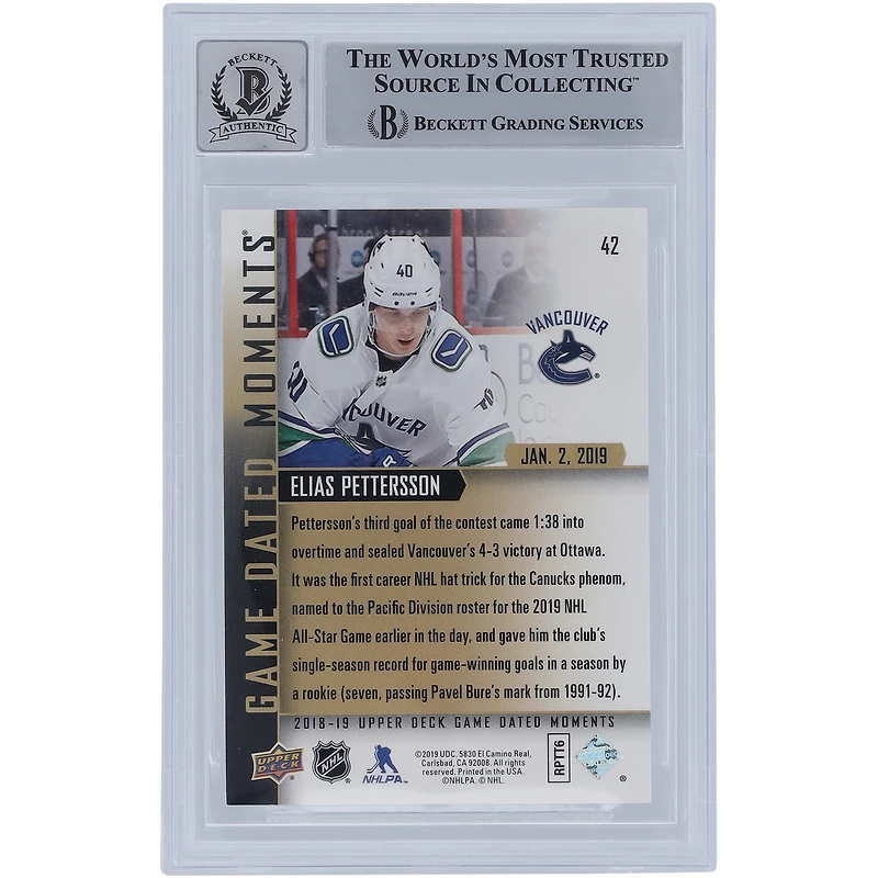 Carte de recrue 9/10 authentifiée signée Elias Pettersson Vancouver Canucks 2018-19 Upper Deck Game Dated Moments #42 Beckett Fanatics Witnessed