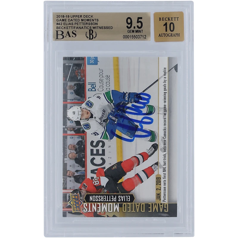 Carte de recrue autographiée 9,5/10 de Beckett Fanatics #42 des Vancouver Canucks 2018-19 Upper Deck Game Dated Moments authentifiés
