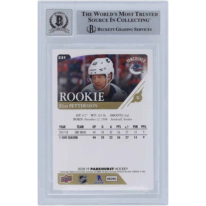 Elias Pettersson Vancouver Canucks Autographed 2018-19 Upper Deck Parkhurst #331 Beckett Fanatics Witnessed Authenticated Rookie Card with "2019 Calder" Inscription