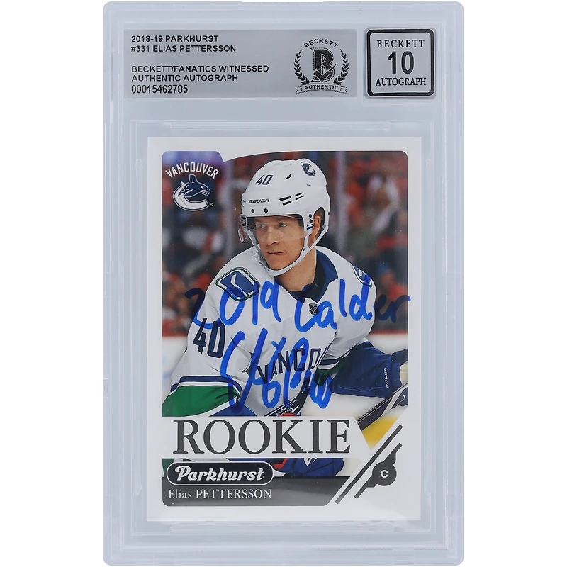 Elias Pettersson Vancouver Canucks Autographed 2018-19 Upper Deck Parkhurst #331 Beckett Fanatics Witnessed Authenticated 10 Rookie Card with "2019 Calder" Inscription