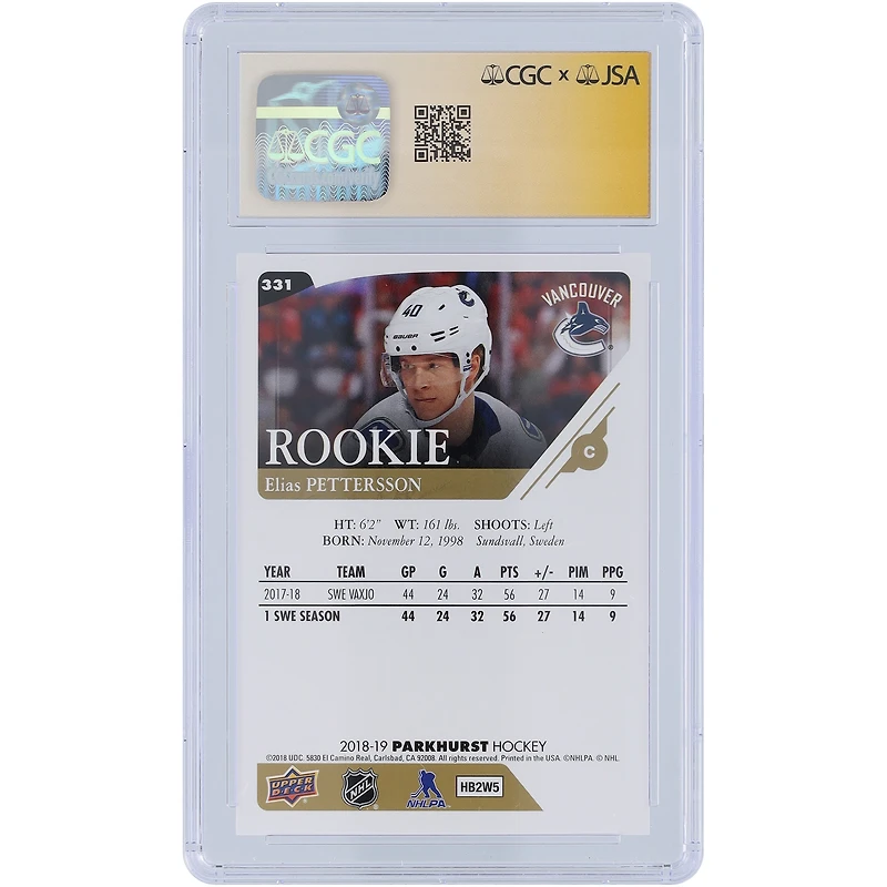 Carte de recrue autographiée 2018-19 Upper Deck Parkhurst #331 par Elias Pettersson des Canucks de Vancouver, carte de recrue Auto 10 authentifiée et témoin des fanatiques de la CGC