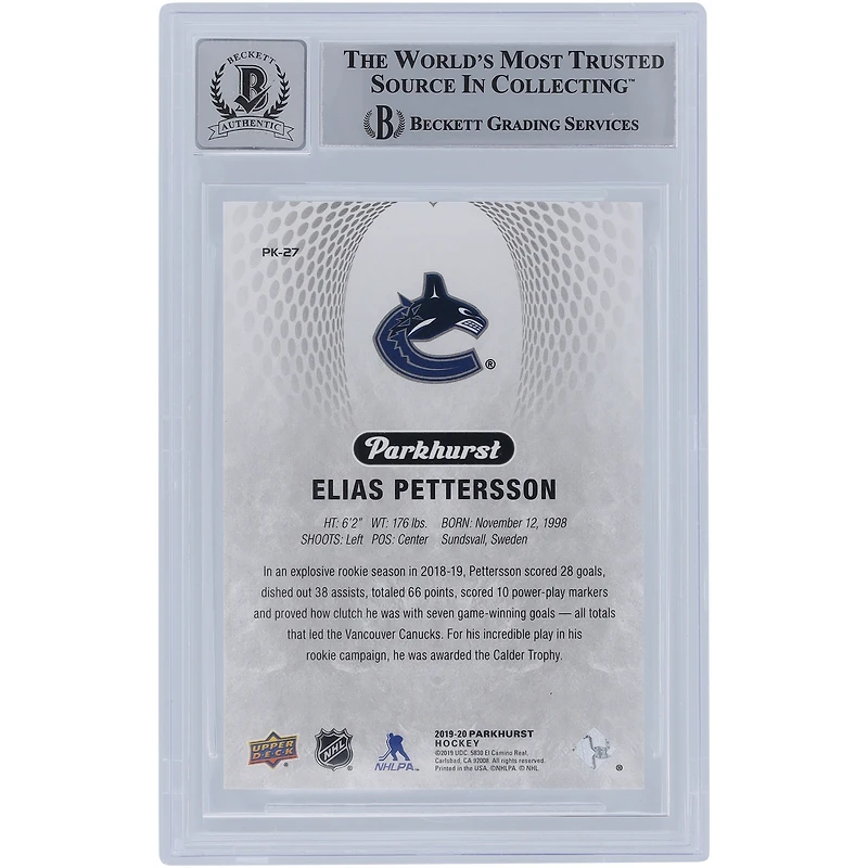 Carte autographiée 2019-20 Upper Deck Parkhurst Parkies #PK-27 Beckett Fanatics Witnessed Authenticated 10 Card par Elias Pettersson des Canucks de Vancouver