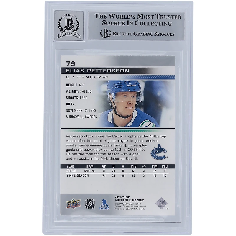 Carte autographiée 2019-20 Upper Deck SP Authentic #79 Beckett Fanatics Witnessed Authenticated 10 des Canucks de Vancouver d'Elias Pettersson