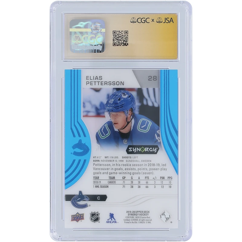 Carte autographiée 2019-20 Upper Deck Synergy Blue #28 des Canucks de Vancouver par Elias Pettersson, carte autographe authentifiée CGC Fanatics Witnessed Auto 10