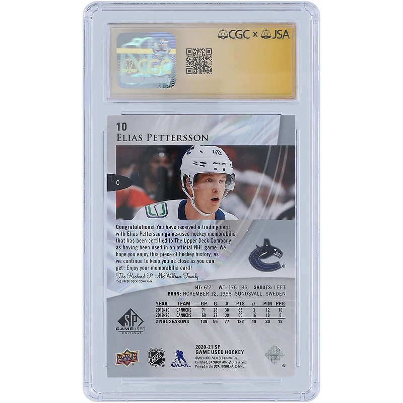 Maillots de match Upper Deck SP 2020-21 autographiés par Elias Pettersson des Canucks de Vancouver, relique argent n° 10, carte authentifiée par les fanatiques de CGC