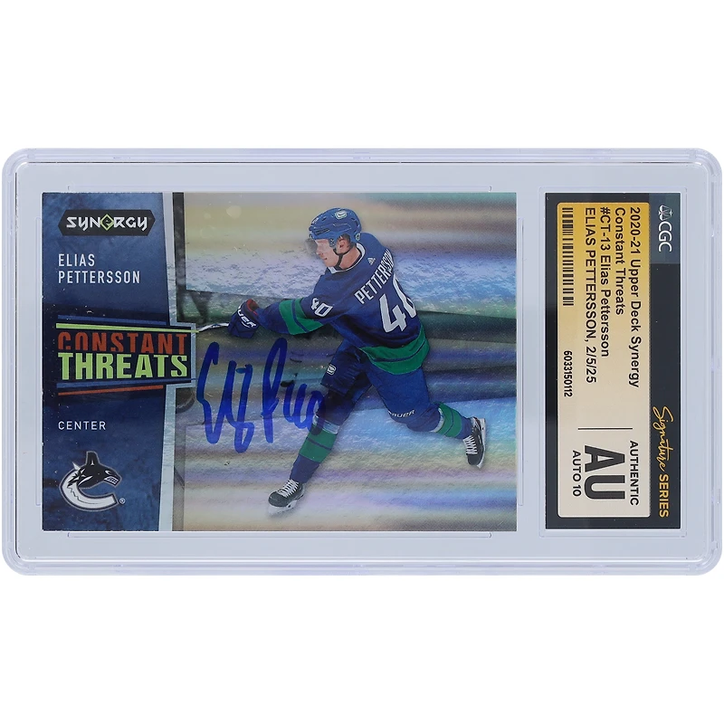 Carte autographiée 2020-21 Upper Deck Synergy Constant Threats #CT-13 des Canucks de Vancouver par Elias Pettersson, fanatiques de la CGC, authentifiée et témoin de la carte Auto 10