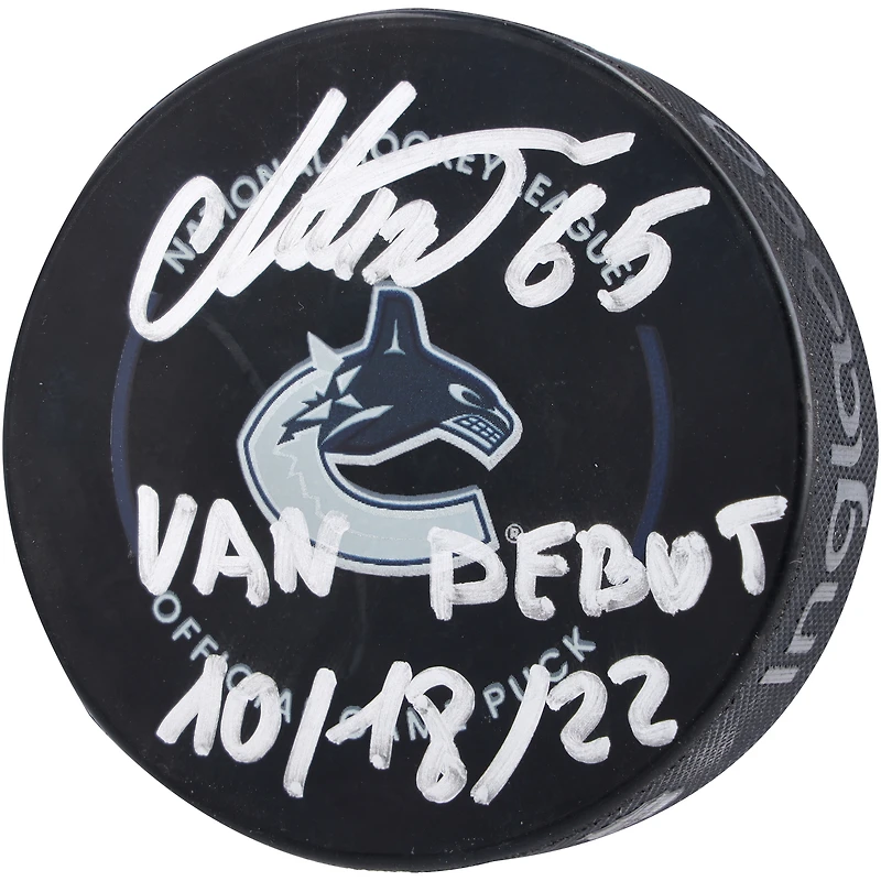 Ilya Mikheyev Vancouver Canucks Autographed Official Game Puck with "Van Debut 10/18/22" Inscription
