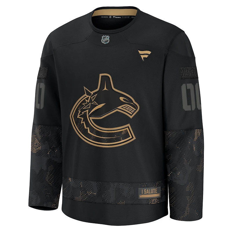 Maillot d'entraînement personnalisé d'appréciation militaire Fanatics Black Vancouver Canucks 2024 pour hommes