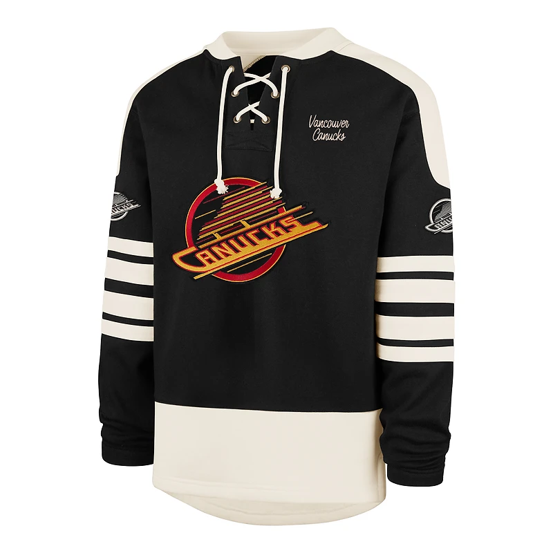 Men's '47  Black Vancouver Canucks Golden Age Sweep Check Eternal Lacer Hoodie
