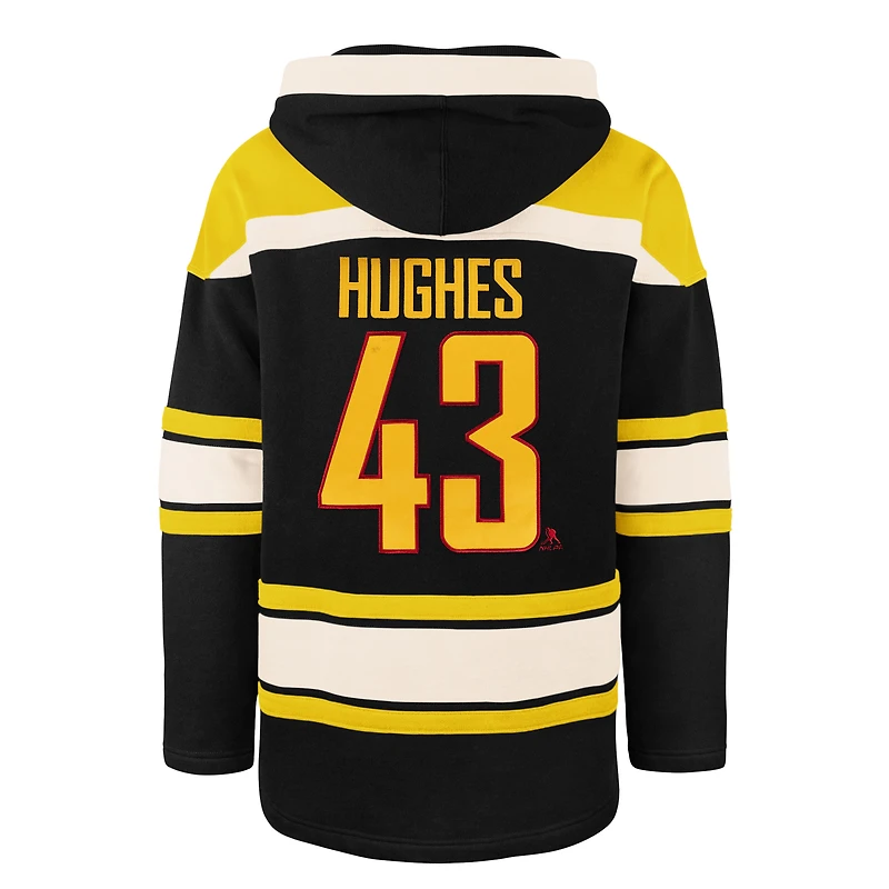 Sweat à capuche Lacer noir pour homme, modèle 47 Quinn Hughes, avec nom et numéro du joueur des Canucks de Vancouver.