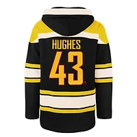 Sweat à capuche Lacer noir pour homme, modèle 47 Quinn Hughes, avec nom et numéro du joueur des Canucks de Vancouver.
