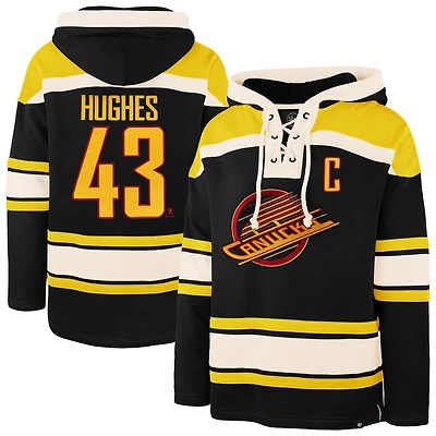 Sweat à capuche Lacer noir pour homme, modèle 47 Quinn Hughes, avec nom et numéro du joueur des Canucks de Vancouver.