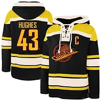 Sweat à capuche Lacer noir pour homme, modèle 47 Quinn Hughes, avec nom et numéro du joueur des Canucks de Vancouver.