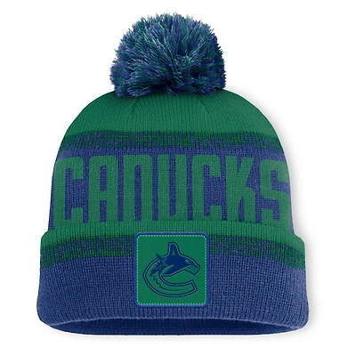 Bonnet en tricot à revers avec pompon Fanatics bleu/vert pour homme des Vancouver Canucks Fundamentals Thrive
