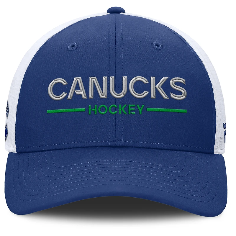 Casquette de camionneur ajustable Authentic Pro Rink Lockup bleu/blanc des Canucks de Vancouver pour hommes