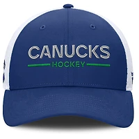Casquette de camionneur ajustable Authentic Pro Rink Lockup bleu/blanc des Canucks de Vancouver pour hommes