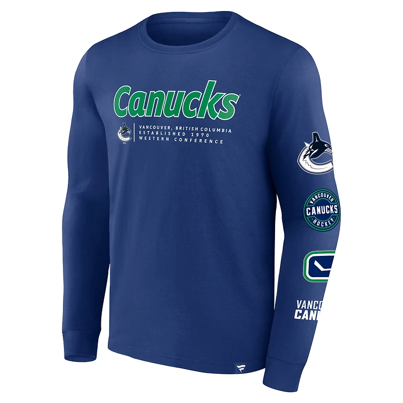 T-shirt bleu à manches longues Fanatics pour hommes des Canucks de Vancouver Strike the Goal