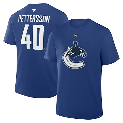 T-shirt authentique Fanatics Elias Pettersson bleu Vancouver Canucks avec nom et numéro superposés