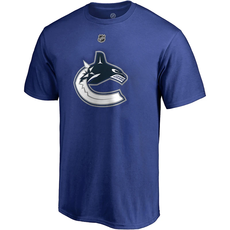 T-shirt authentique avec nom et numéro de l'équipe des Canucks Vancouver Fanatics Elias Pettersson pour hommes, bleu