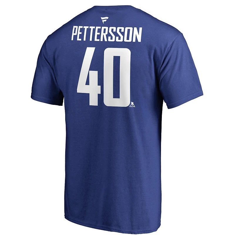 T-shirt authentique avec nom et numéro de l'équipe des Canucks Vancouver Fanatics Elias Pettersson pour hommes, bleu