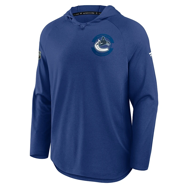 Men's Fanatics Heather Blue Vancouver Canucks Authentic Pro Rink Raglan Pullover Hoodie