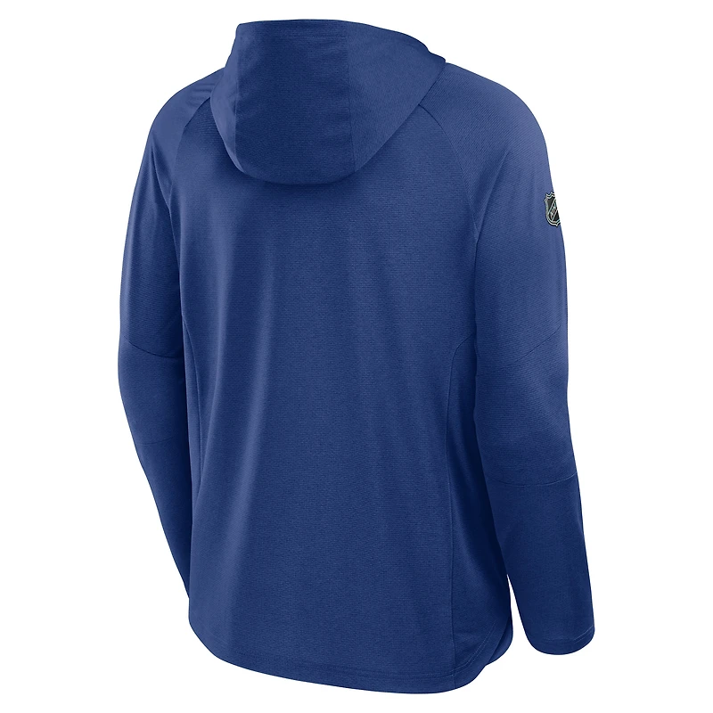 Men's Fanatics Heather Blue Vancouver Canucks Authentic Pro Rink Raglan Pullover Hoodie