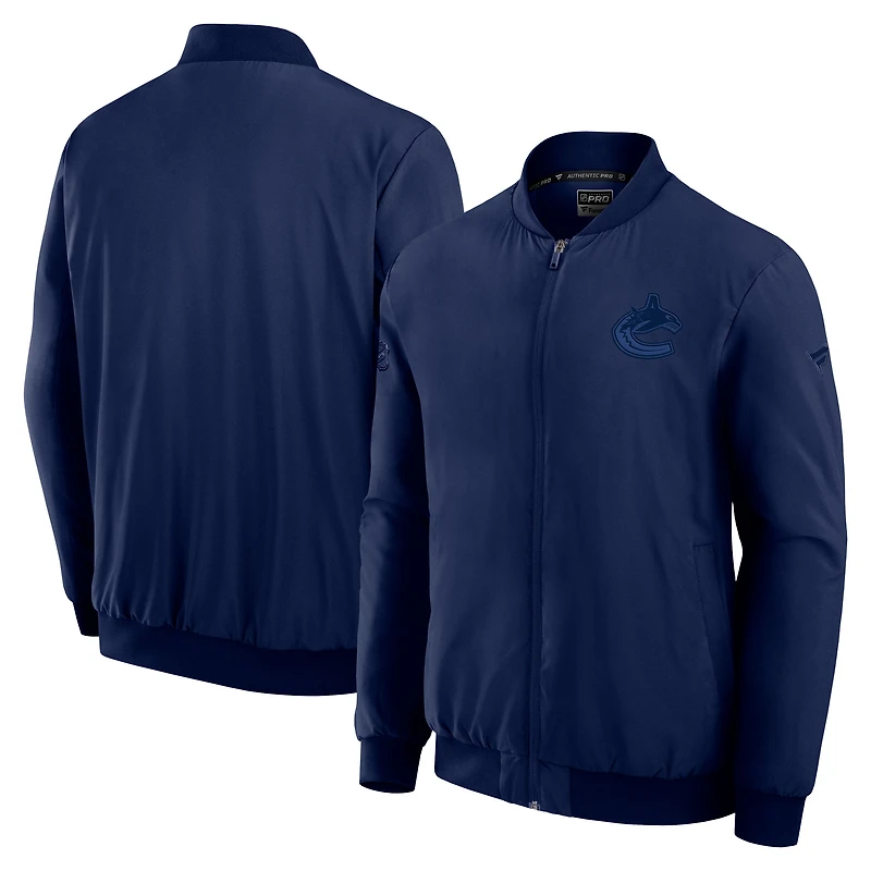 Blouson aviateur léger entièrement zippé Fanatics bleu marine pour homme des Vancouver Canucks Authentic Pro Road