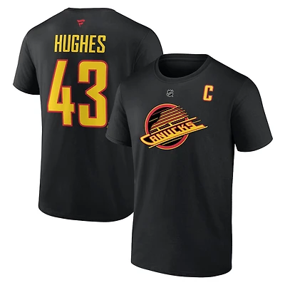 Fanatics pour hommes Quinn Hughes Noir Vancouver Canucks Authentique Stack Captain Nom et numéro T-shirt alternatif