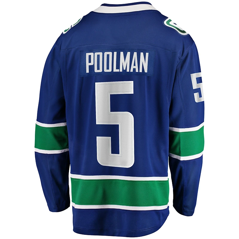 Maillot de joueur échappé Fanatics Tucker Poolman des Canucks Vancouver, bleu, pour hommes