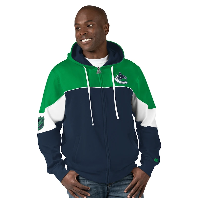 Men's Starter Navy/Green Vancouver Canucks Power Forward Full-Zip Hoodie