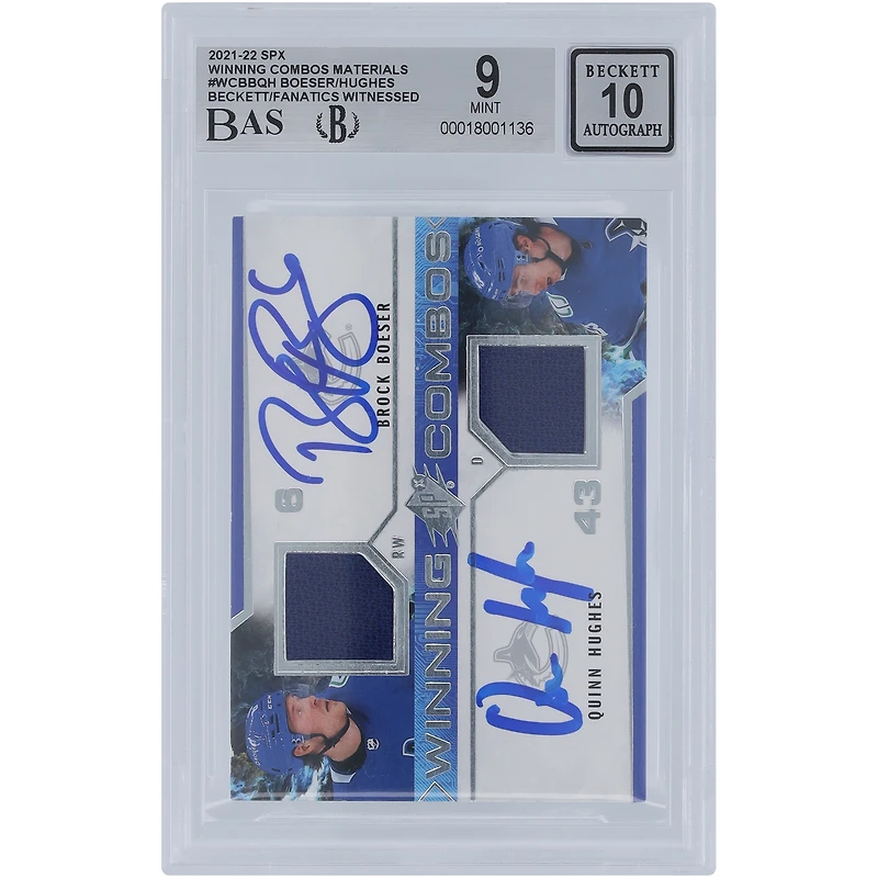 Quinn Hughes et Brock Boeser Vancouver Canucks autographiés 2021-22 Upper Deck SPx Winning Combos Materials Dual Relic #WC-BBQH Beckett Fanatics Witnessed Authenticated 9/10 Card