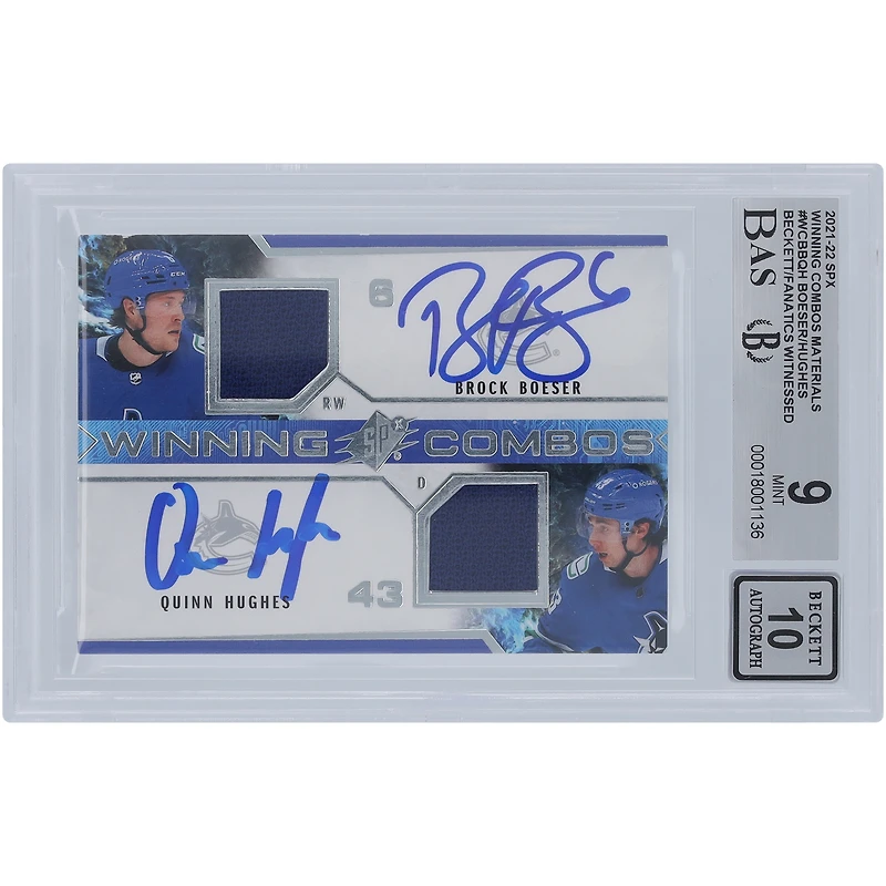 Quinn Hughes et Brock Boeser Vancouver Canucks autographiés 2021-22 Upper Deck SPx Winning Combos Materials Dual Relic #WC-BBQH Beckett Fanatics Witnessed Authenticated 9/10 Card