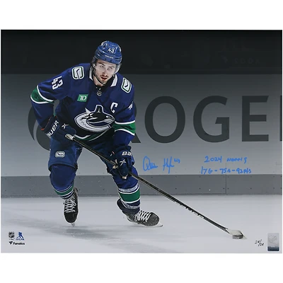 Quinn Hughes Vancouver Canucks Autographed 16" x 20" Blue Jersey Spotlight Photograph with "2024 Norris" & "17G - 75A - 92 Pts" Inscriptions