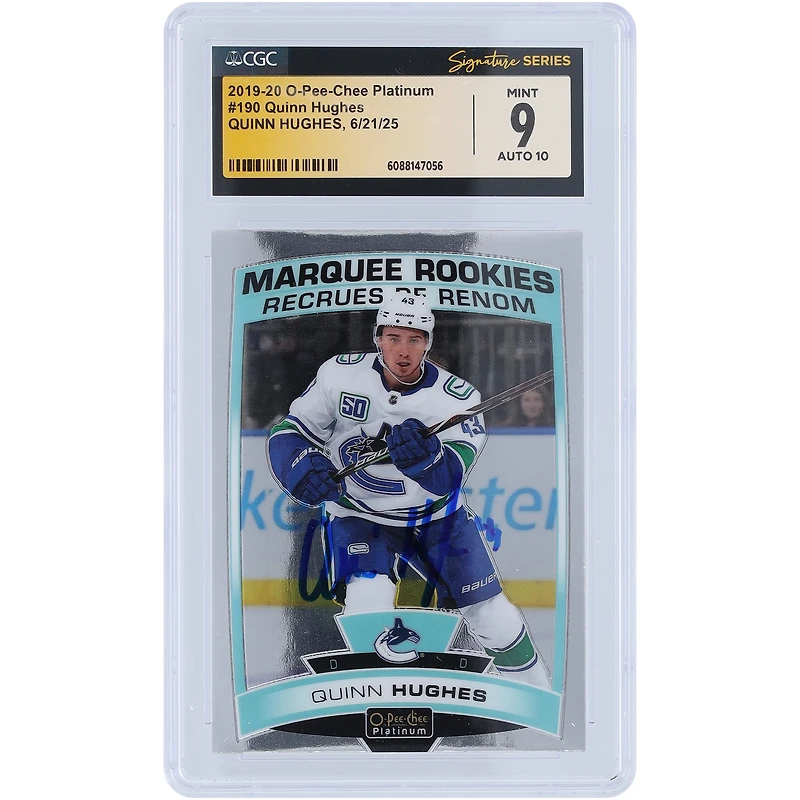 Quinn Hughes Vancouver Canucks Autographed 2019-20 O-Pee-Chee Platinum Marquee Rookies #190 CGC Fanatics Witnessed Authenticated 9/10 Rookie Card