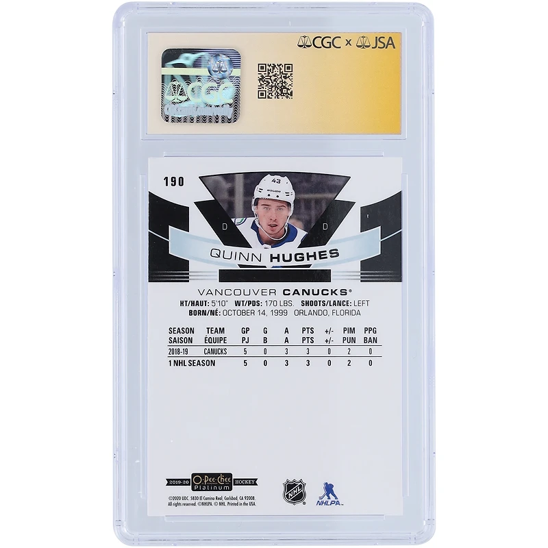 Carte de recrue autographiée de Quinn Hughes, des Canucks de Vancouver, saison 2019-2020, collection O-Pee-Chee Platinum Marquee, numéro 190, authentifiée par CGC Fanatics Witnessed (note 9/10).