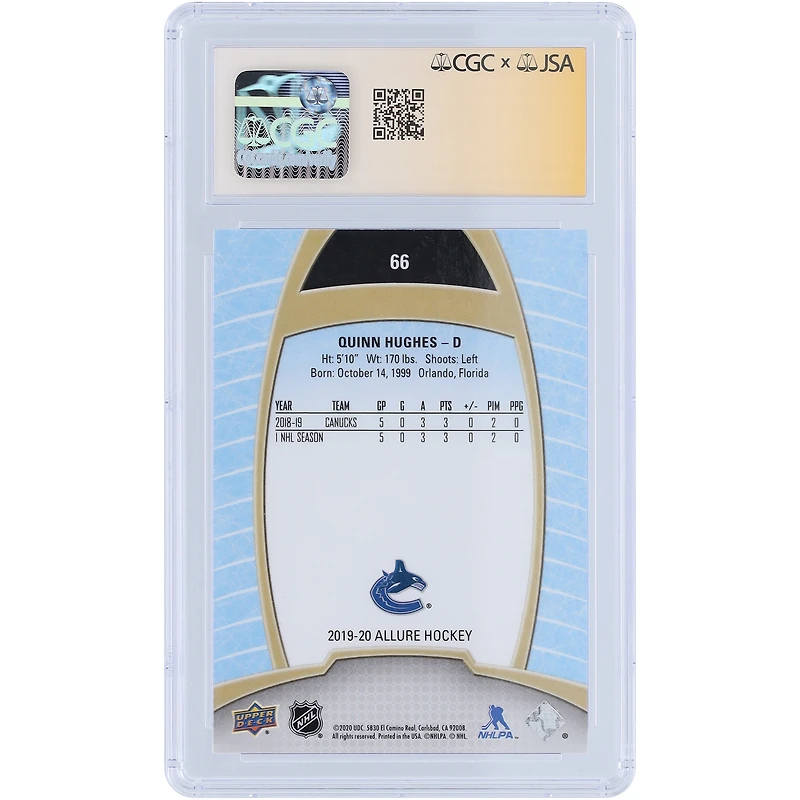 Quinn Hughes Vancouver Canucks Autographed 2019-20 Upper Deck Allure #66 CGC Fanatics Witnessed Authenticated 9/10 Rookie Card