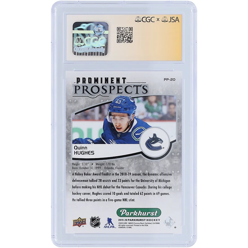 Carte de recrue autographiée de Quinn Hughes, Vancouver Canucks, 2019-20, Upper Deck Parkhurst Prominent Prospects #PP-20, authentifiée par Fanatics Witnessed (CGC), note 9,5/10