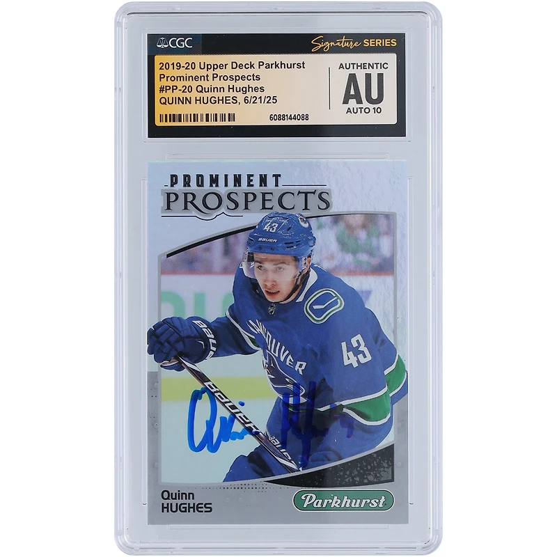 Quinn Hughes Vancouver Canucks Autographed 2019-20 Upper Deck Parkhurst Prominent Prospects #PP-20 CGC Fanatics Witnessed Authenticated Auto 10 Rookie Card