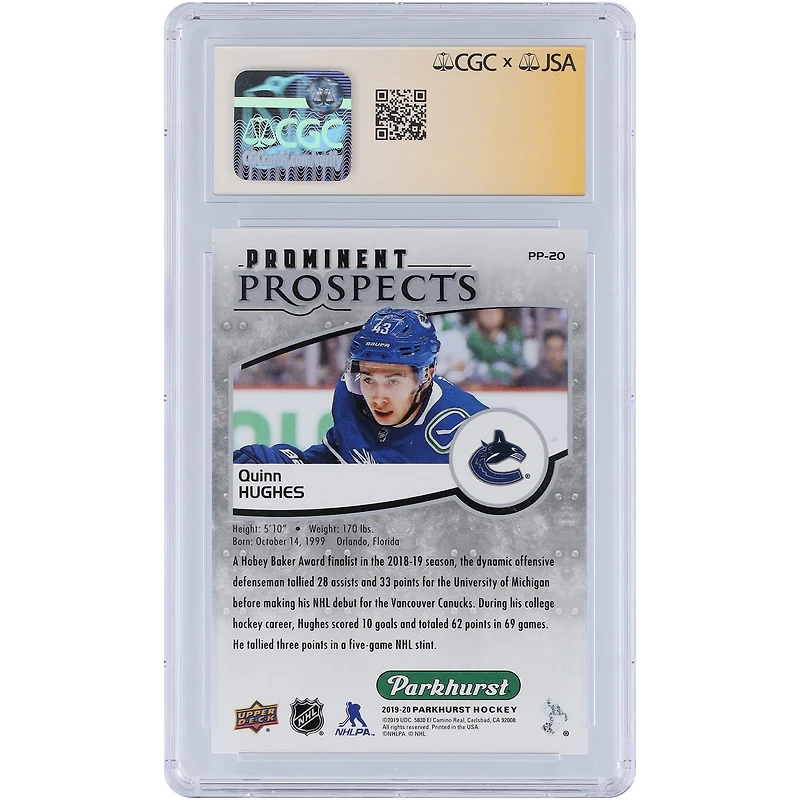 Quinn Hughes Vancouver Canucks Autographed 2019-20 Upper Deck Parkhurst Prominent Prospects #PP-20 CGC Fanatics Witnessed Authenticated Auto 10 Rookie Card