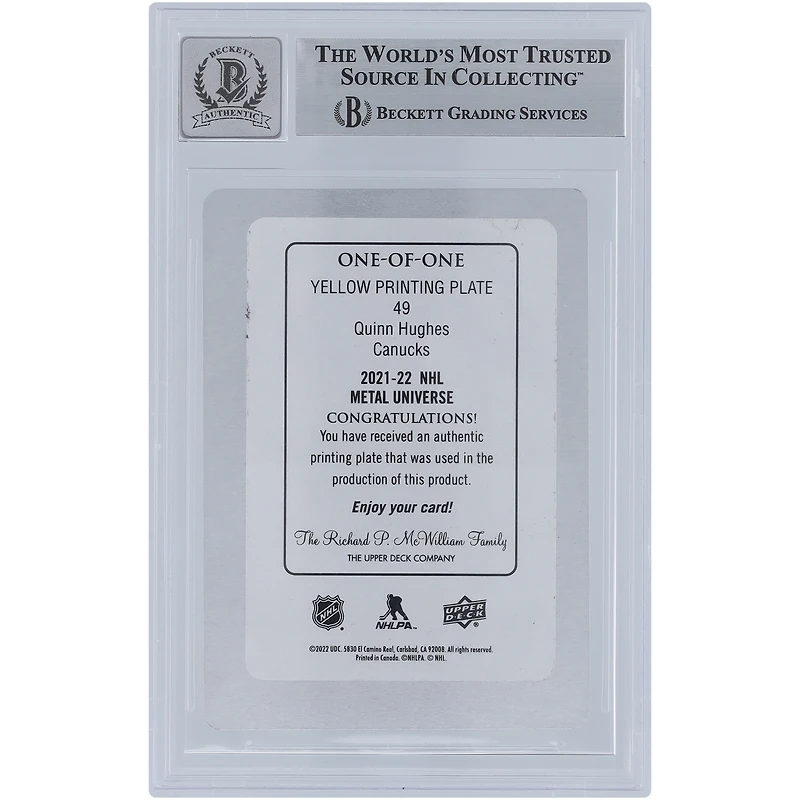 Quinn Hughes Vancouver Canucks Autographed 2021-22 Upper Deck Metal Universe Yellow Printing Plate #49 #1/1 Beckett Fanatics Witnessed Authenticated 10 Card