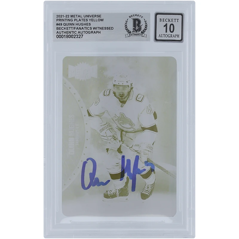 Quinn Hughes Vancouver Canucks Autographed 2021-22 Upper Deck Metal Universe Yellow Printing Plate #49 #1/1 Beckett Fanatics Witnessed Authenticated 10 Card