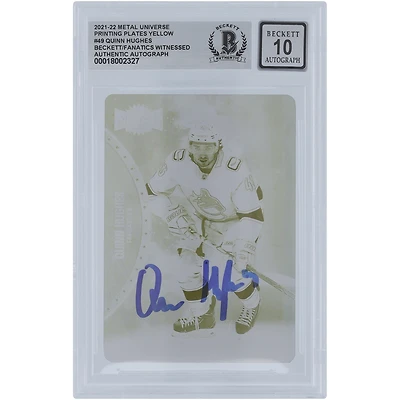 Quinn Hughes Vancouver Canucks Autographed 2021-22 Upper Deck Metal Universe Yellow Printing Plate #49 #1/1 Beckett Fanatics Witnessed Authenticated 10 Card