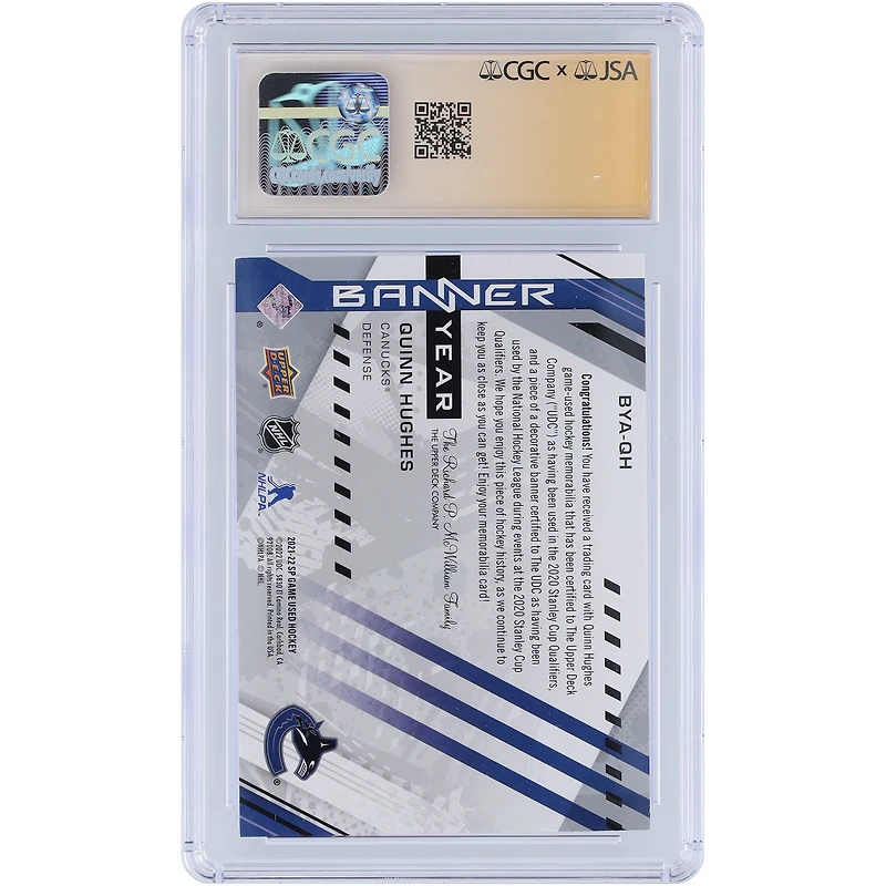 Quinn Hughes Vancouver Canucks Autographed 2021-22 Upper Deck SP Game Used Banner Year Dual-Color Relic #BYA-QH CGC Fanatics Witnessed Authenticated Auto 10 Card