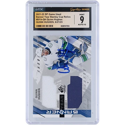 Quinn Hughes Vancouver Canucks Autographed 2021-22 Upper Deck SP Game Used Banner Year GU Dual-Color Relic #BYA-QH CGC Fanatics Witnessed Authenticated 9/10 Card