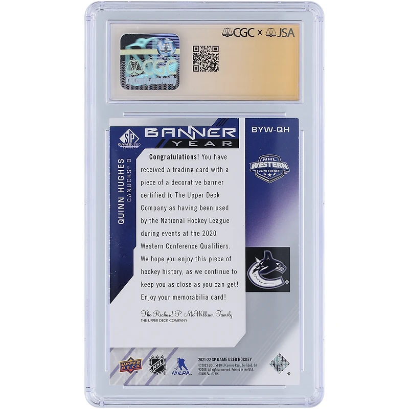 Quinn Hughes Vancouver Canucks Autographed 2021-22 Upper Deck SP Game Used Banner Year Western Conference Blue Relic #BYW-QH CGC Fanatics Witnessed Authenticated Auto 10 Card