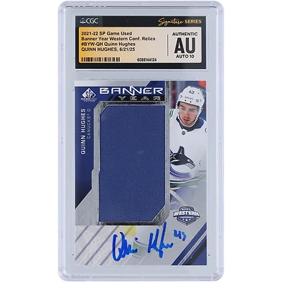 Quinn Hughes Vancouver Canucks Autographed 2021-22 Upper Deck SP Game Used Banner Year Western Conference Blue Relic #BYW-QH CGC Fanatics Witnessed Authenticated Auto 10 Card
